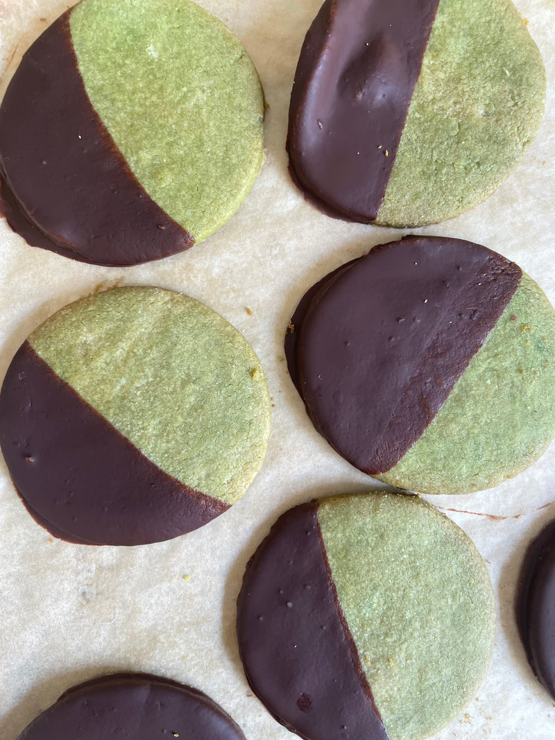 Gluten Free Dark Chocolate Dipped Matcha Shortbread Cookies