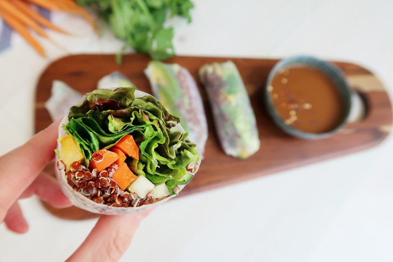 Red Quinoa Veggie Spring Rolls with Spicy Cashew Sauce